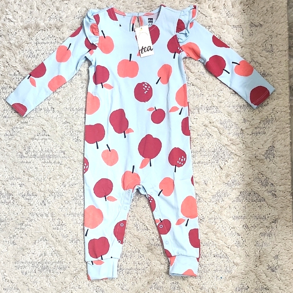 Tea Collection Girl's Jumpsuit Blue Red Pink Apples Size 18-24 Months NWT
